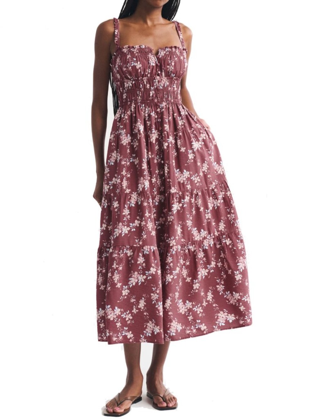 NWT Abercrombie & Fitch Bra-Free Button-Through Smocked Midi Dress Mauve Floral